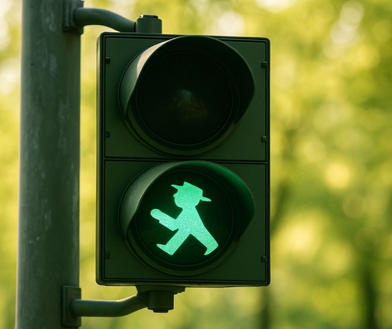 Grüne Fußgängerampel mit Ampelmännchen-Symbol vor unscharfem, grünlichem Hintergrund.