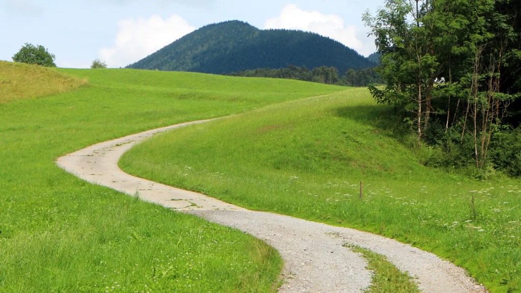 Geschwungener Kiesweg durch grüne Wiesen mit einem bewaldeten Hügel im Hintergrund.