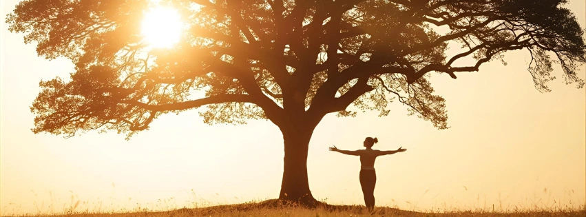 Person steht mit ausgebreiteten Armen unter einem großen Baum im warmen Sonnenlicht – Symbol für Selbstwert und innere Stärke.